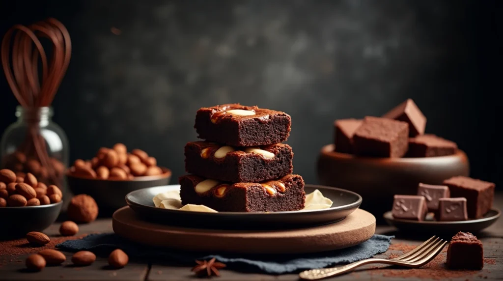 A plate featuring three different types of brownies: fudgy, cakey, and chewy, arranged beautifully on a wooden table.