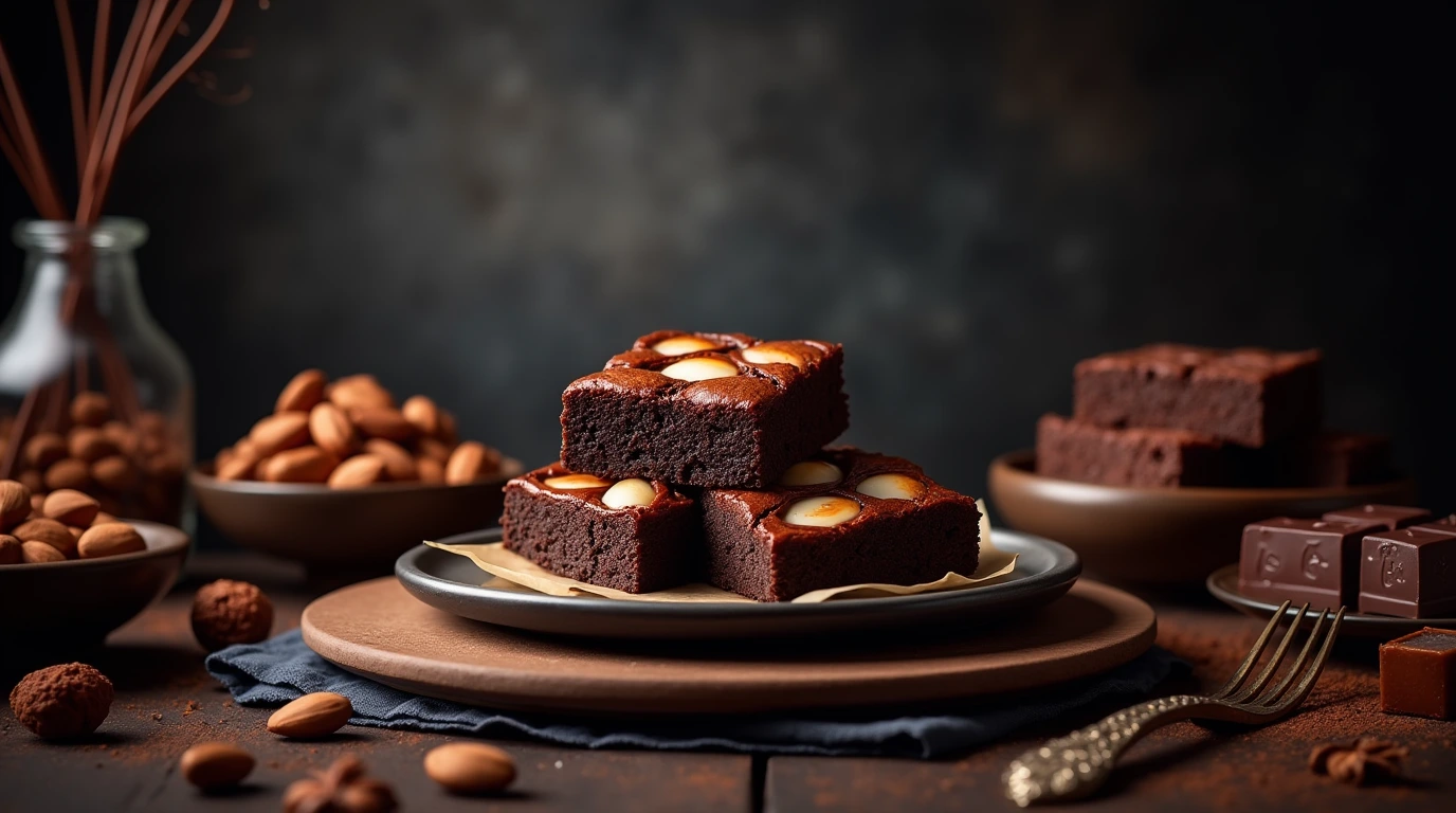 A plate featuring three different types of brownies: fudgy, cakey, and chewy, arranged beautifully on a wooden table.