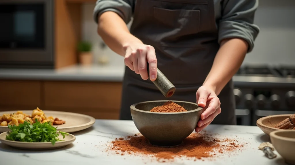 Person grinding spices in a modern kitchen using a molcajete