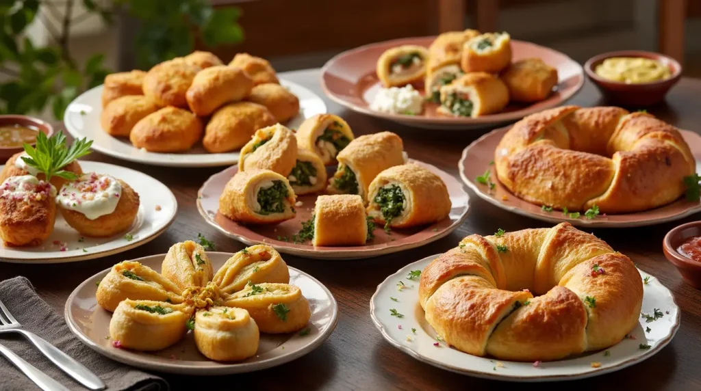 A variety of crescent roll dinner recipes, including chicken enchilada pockets, ham and cheese rolls, spinach and feta rolls, and a cheeseburger crescent ring.