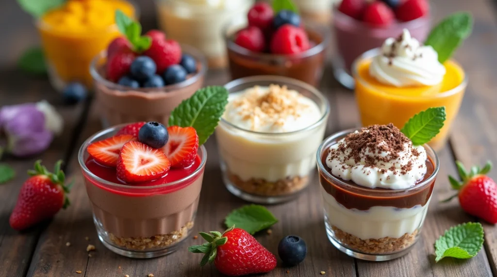 A variety of cup desserts including chocolate mousse