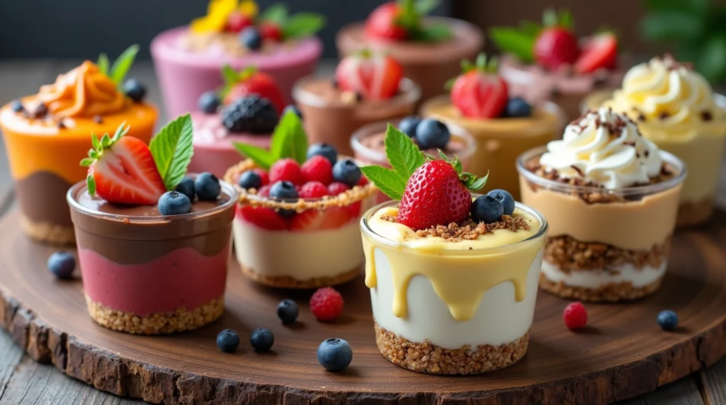 A variety of cup desserts including chocolate mousse, fruit parfaits, cheesecake cups, and pudding cups.