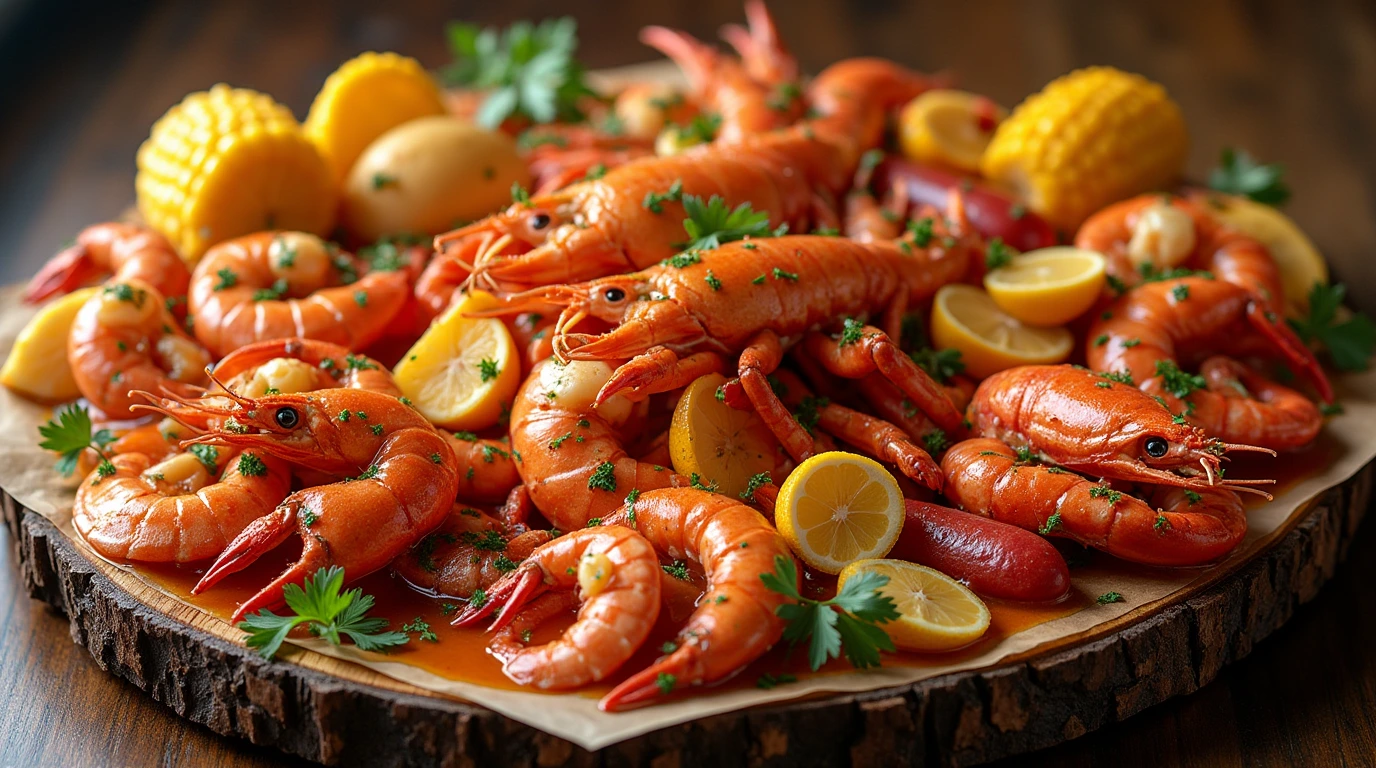 Variety of Seafood Dishes with Flavorful Boil Sauce