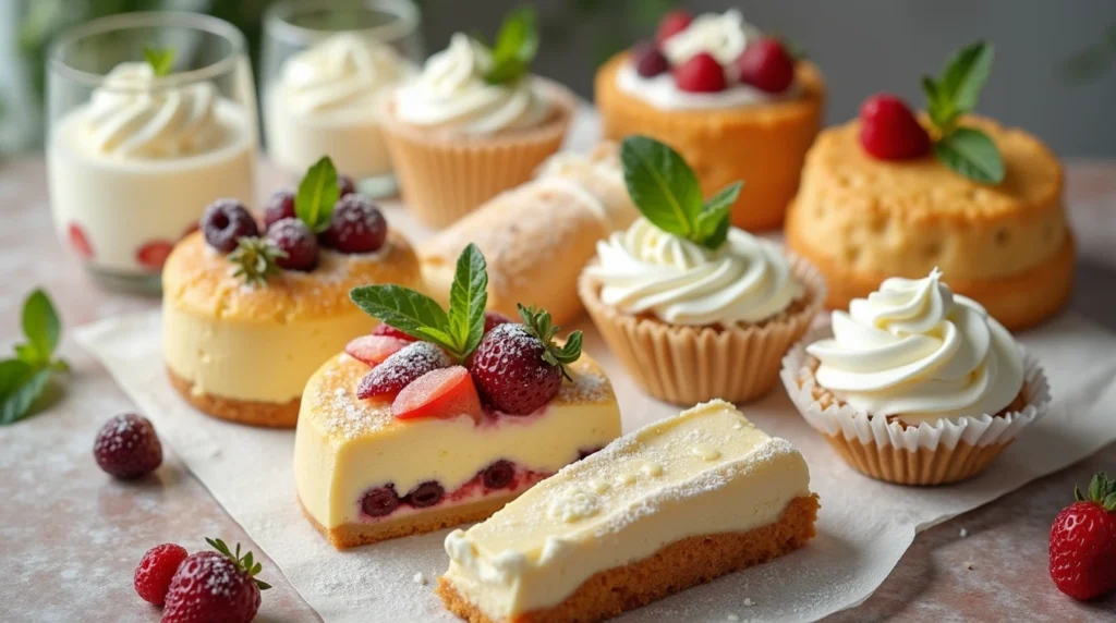 Variety of ricotta-based desserts including cheesecake, cannoli, and parfaits.