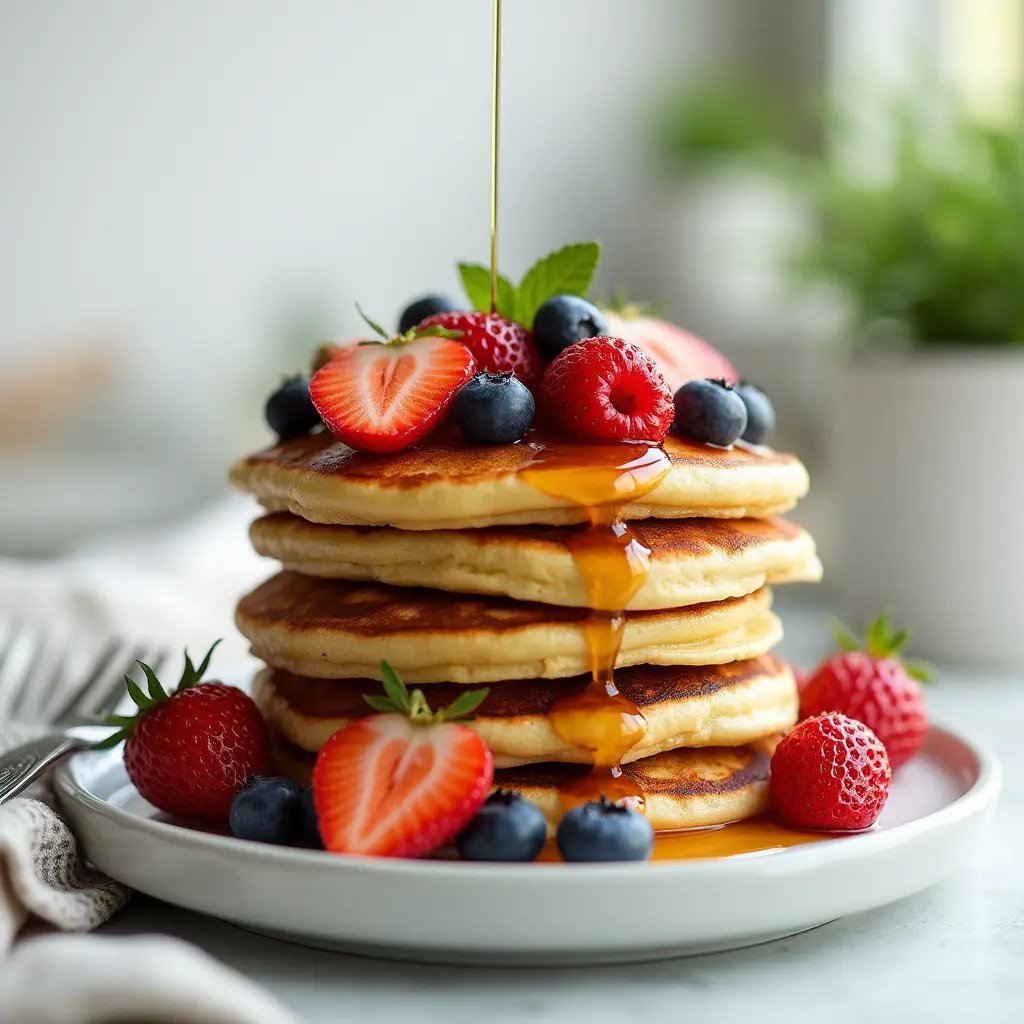 A stack of fluffy vegan pancakes topped with fresh strawberries, blueberries, and a drizzle of maple syrup.