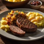 Venison breakfast sausage served with eggs and hash browns on a rustic wooden table.