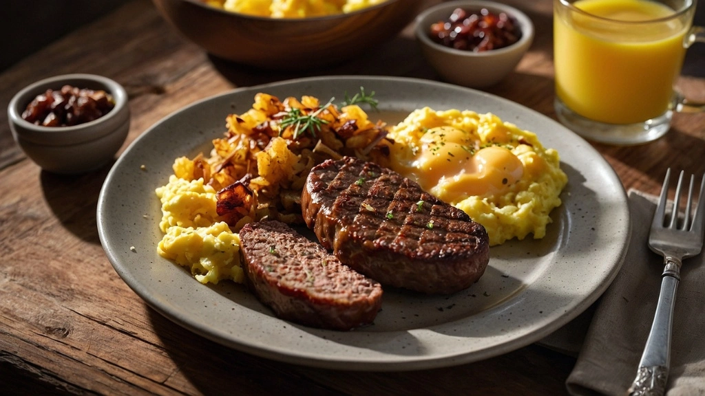 Venison breakfast sausage served with eggs and hash browns on a rustic wooden table.