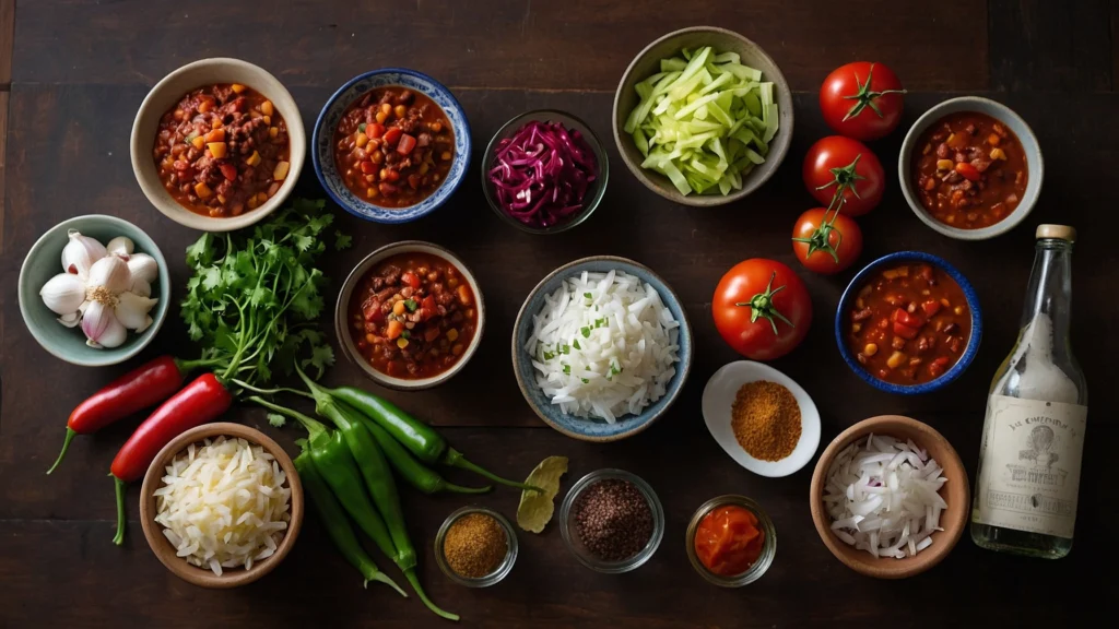 Ground venison, beans, tomatoes, onions, garlic, chili spices, and beer arranged on a wooden countertop