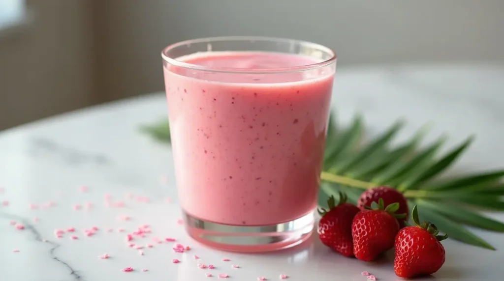 Pink Drink in a glass with coconut milk, strawberry acai base, and freeze-dried strawberries on a marble countertop.