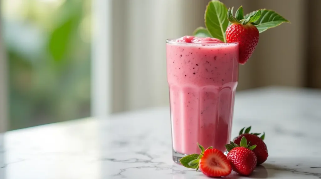 Starbucks Pink Drink in a glass with coconut milk, strawberry acai base, and freeze-dried strawberries on a marble countertop.