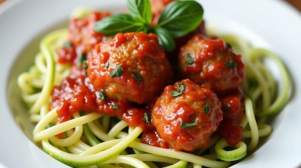 Zucchini noodles with turkey meatballs, a healthy Weight Watchers dinner