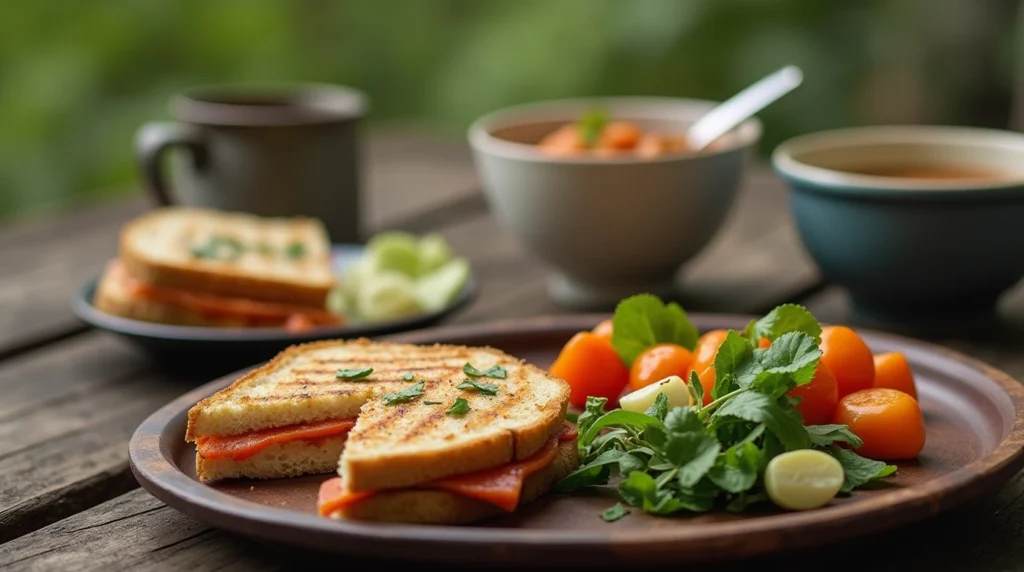 Fresh ingredients for a delicious camping lunch, including tortillas, veggies, canned tuna, and a cooler.