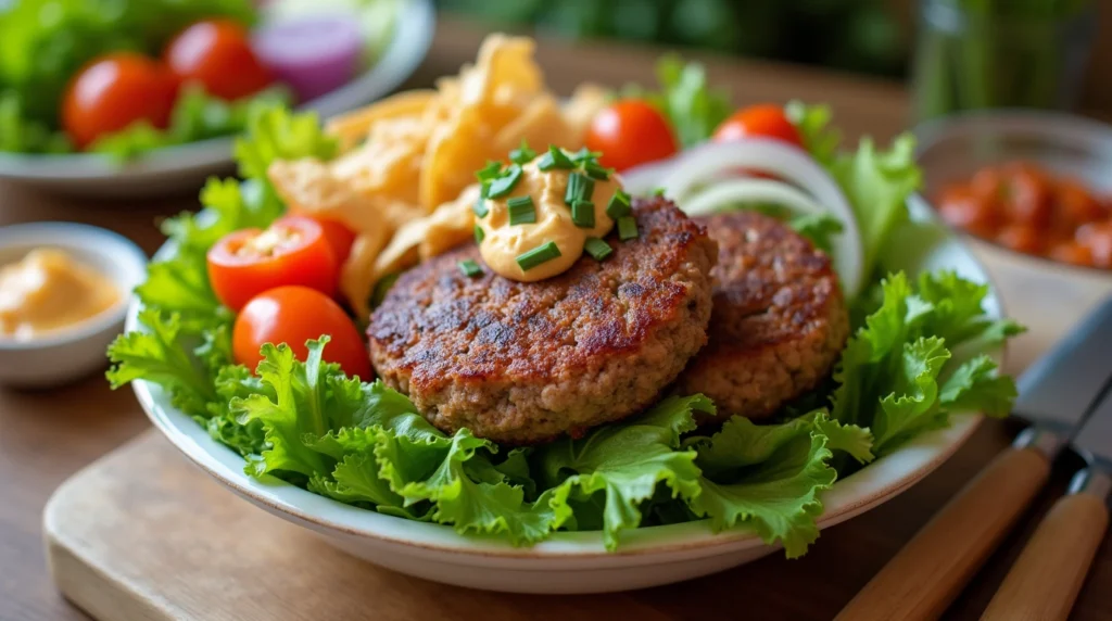 What's the Secret to a Juicy Burger Bowl Patty? 3 Juicy burger bowl with a perfectly cooked patty and fresh toppings.