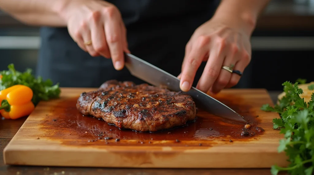 Discover the Delicious Chipotle Steak Recipe 3 Slicing Chipotle steak in a modern kitchen with fresh vegetables nearby.