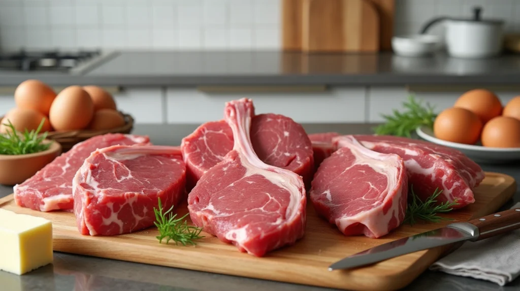 Carnivore Recipes: What is a Typical Carnivore Meal? 2 Raw meats, eggs, and butter on a kitchen counter.