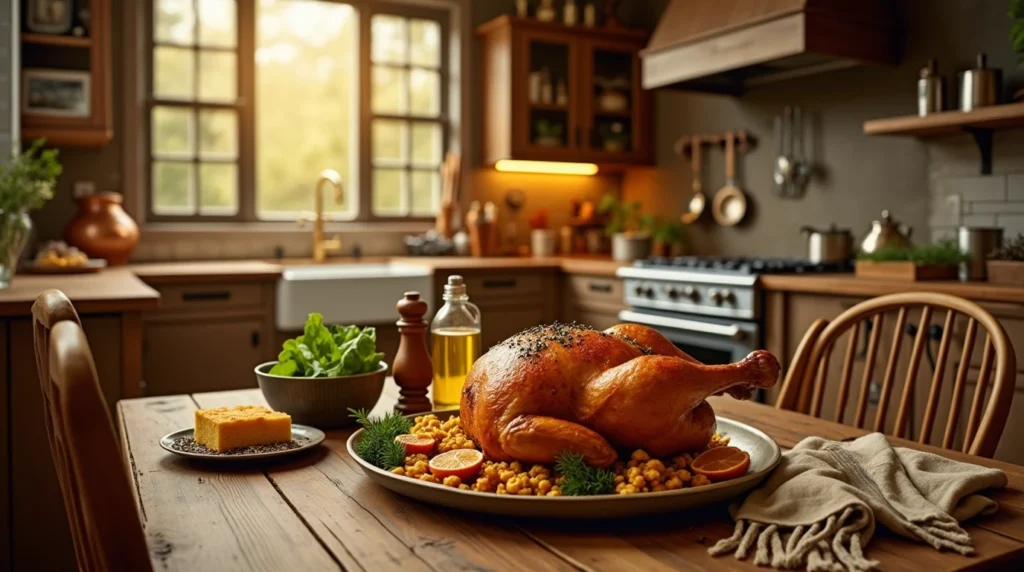 The Most Popular Chicken and Dressing Recipe 2 A plated chicken and dressing meal in a warm, inviting kitchen with cornbread and herbs.