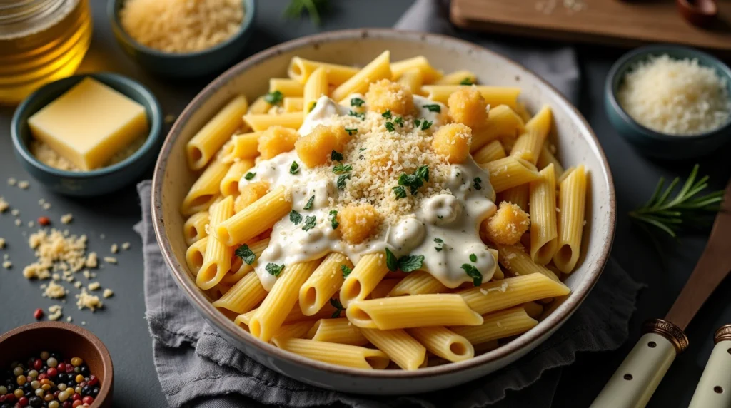 Can You Mix Penne and Macaroni? 3 Mixed penne and macaroni with Alfredo sauce and Parmesan