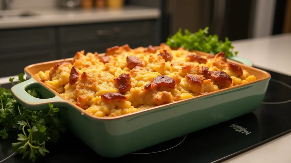 The Most Popular Chicken and Dressing Recipe 4 A freshly baked chicken and dressing casserole in a modern kitchen.