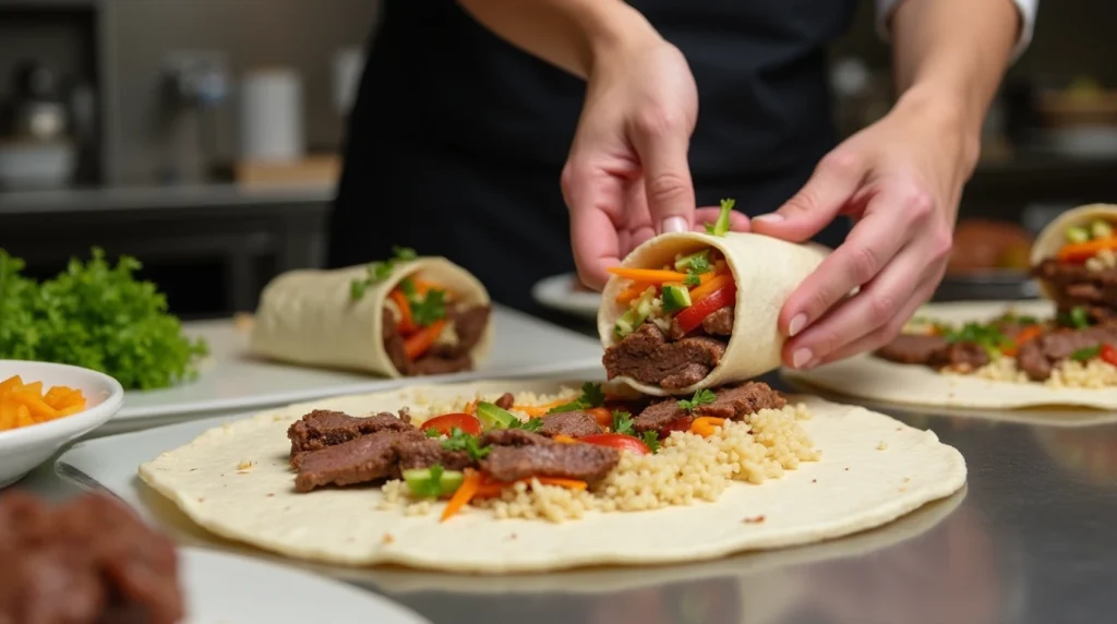 Discover the Delicious Chipotle Steak Recipe 2 Assembling a Chipotle steak burrito in a modern kitchen.