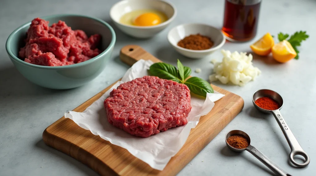 What's the Secret to a Juicy Burger Bowl Patty? 2 Raw ingredients for making a juicy burger patty laid out in a modern kitchen.