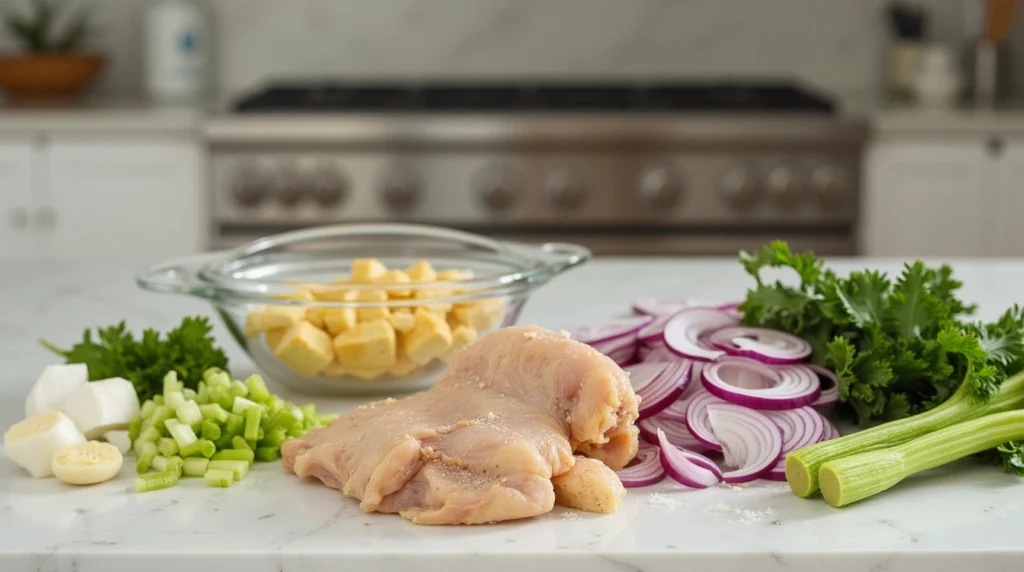 The Most Popular Chicken and Dressing Recipe 3 Modern kitchen counter with ingredients ready for making chicken and dressing.