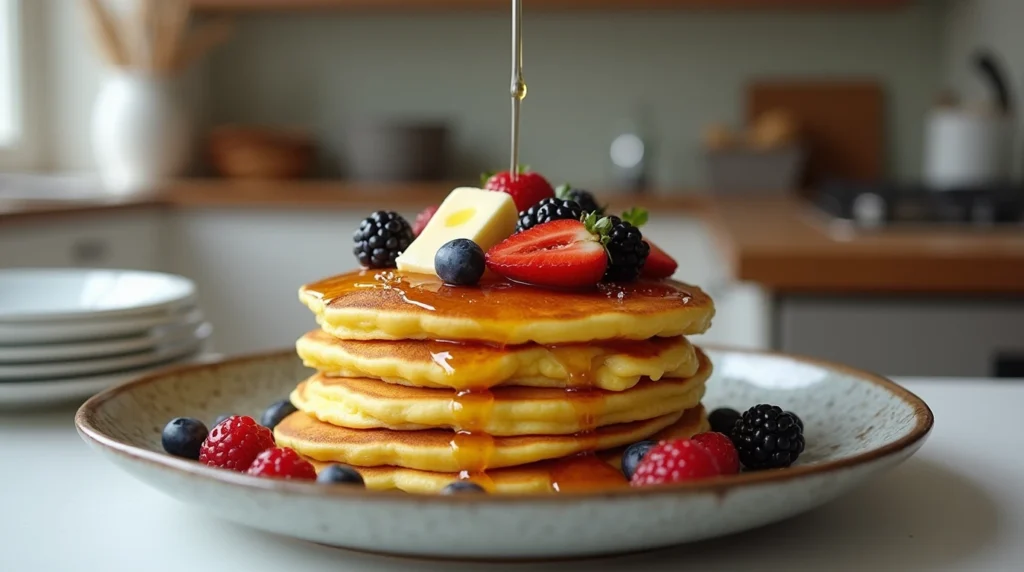 Why Are Scrambled Pancakes So Much Better? 3 Plated scrambled pancakes with fresh berries and syrup.