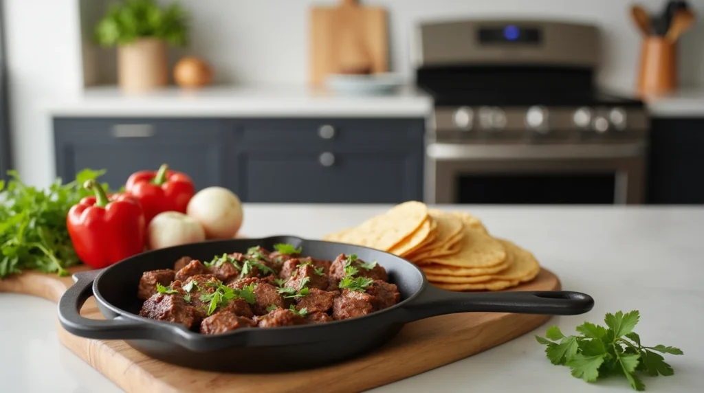 Discover the Delicious Chipotle Steak Recipe 4 Chipotle steak cooking in a modern kitchen with fresh ingredients like bell peppers and onions.