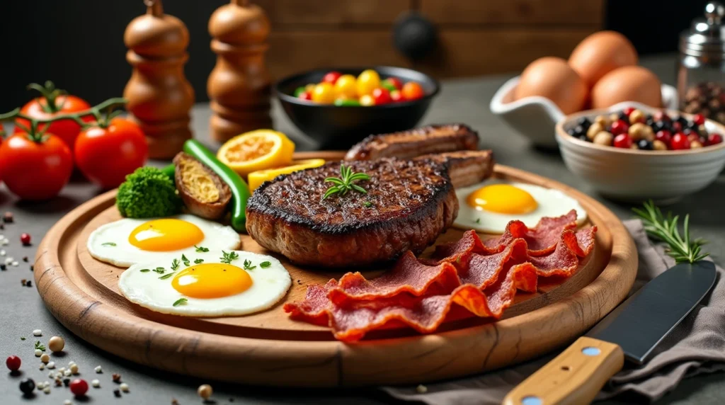Carnivore Recipes: What is a Typical Carnivore Meal? 3 delicious carnivore meal with ribeye steak, eggs, and crispy bacon on a wooden plate.