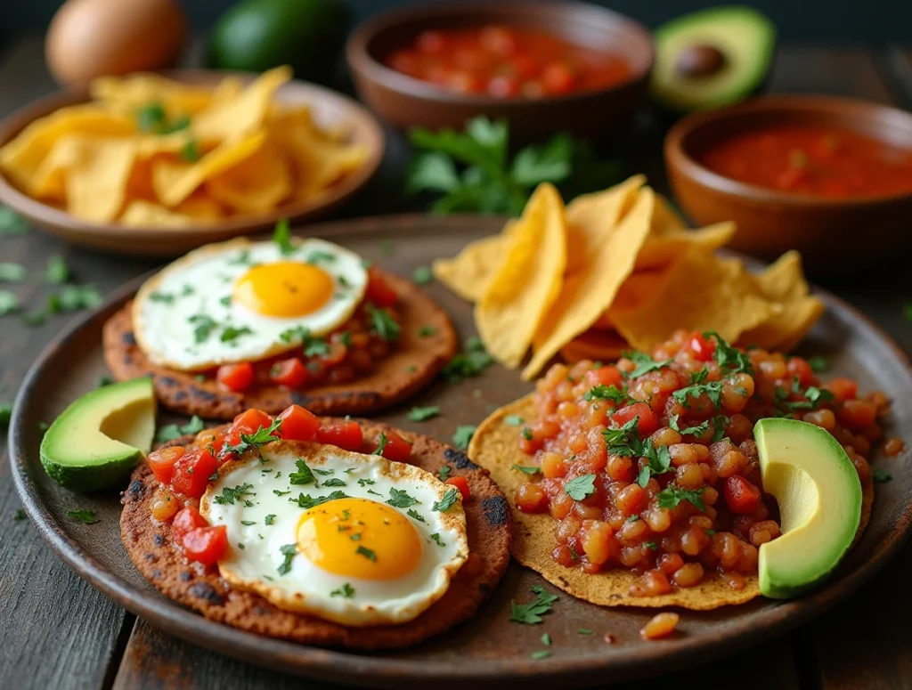 Traditional English breakfast dishes including eggs, bacon, and sausages.