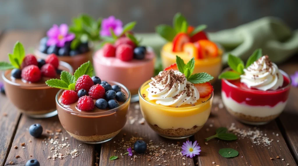 A variety of cup desserts including chocolate mousse, fruit parfaits, cheesecake cups, and pudding cups.