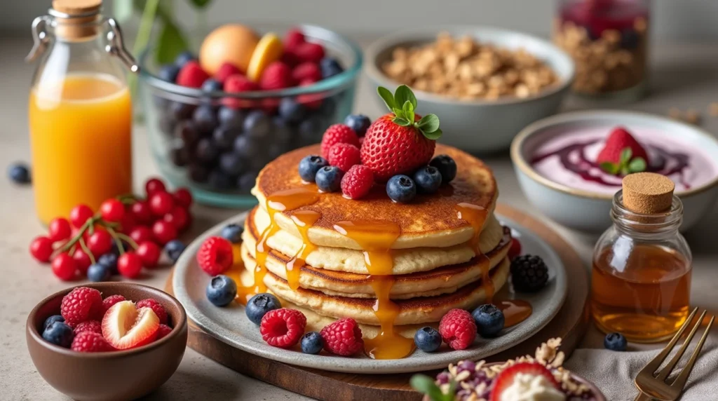 a delicious and healthy breakfast spread featuring fluffy pancakes with fresh berries