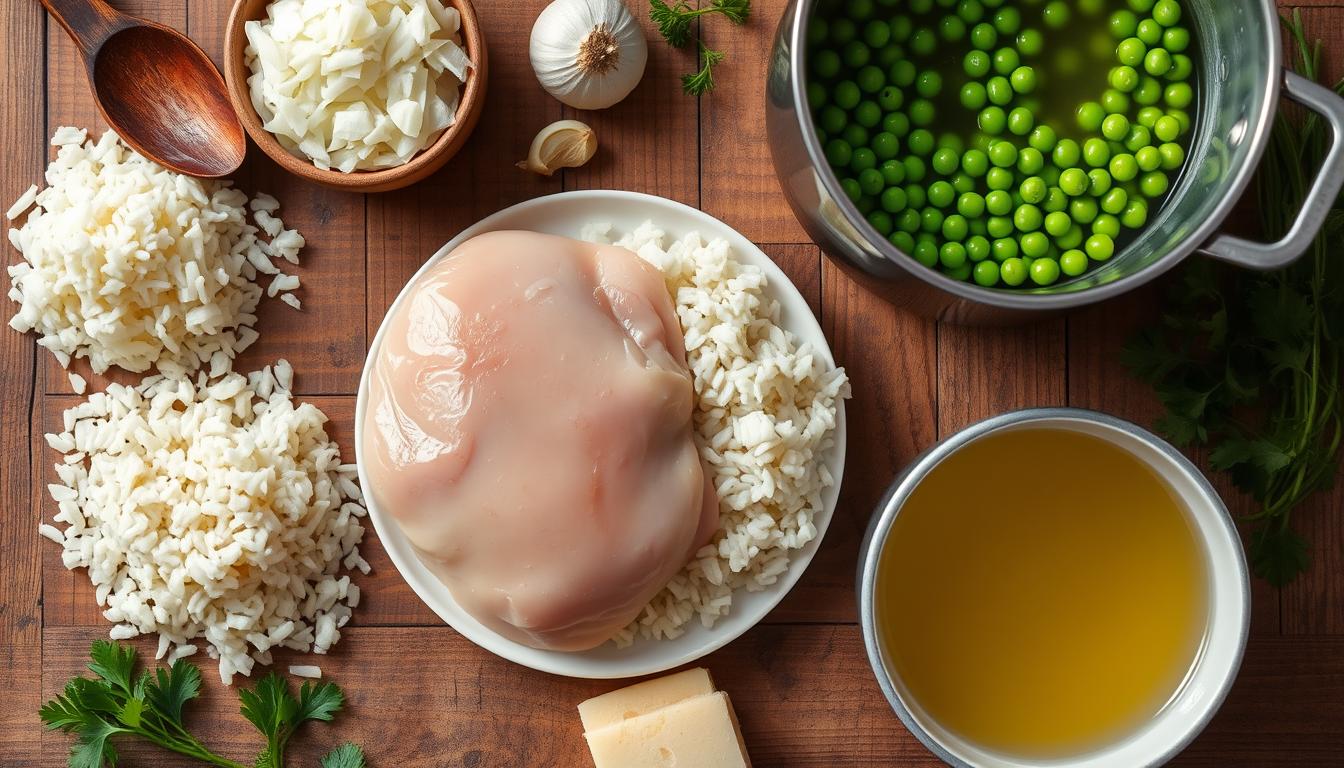 Ingredients for chicken risotto including chicken, Arborio rice, and herbs.