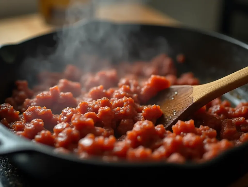 How to Cook Flavorful Homemade Chorizo 3 beef chorizo recipe sizzling in a pan during cooking