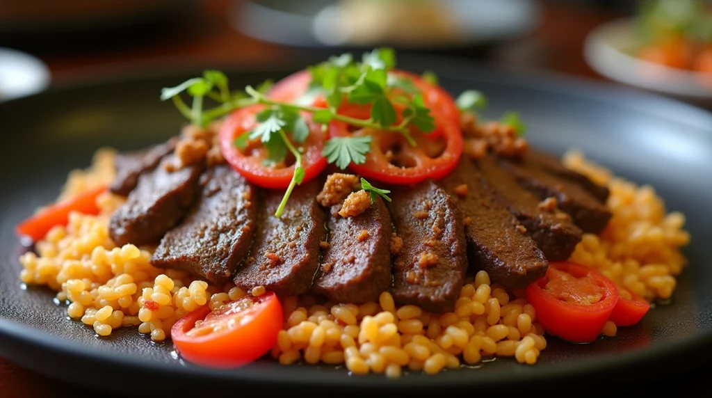 Pepper Lunch sizzling plate with beef, rice, and vegetables