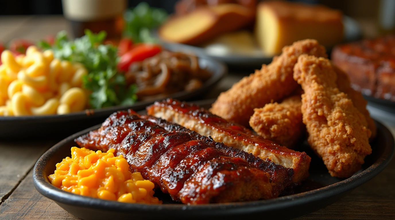 Southern soul food spread with fried chicken, mac and cheese, collard greens, BBQ ribs, cornbread, and sweet potato pie on a rustic table