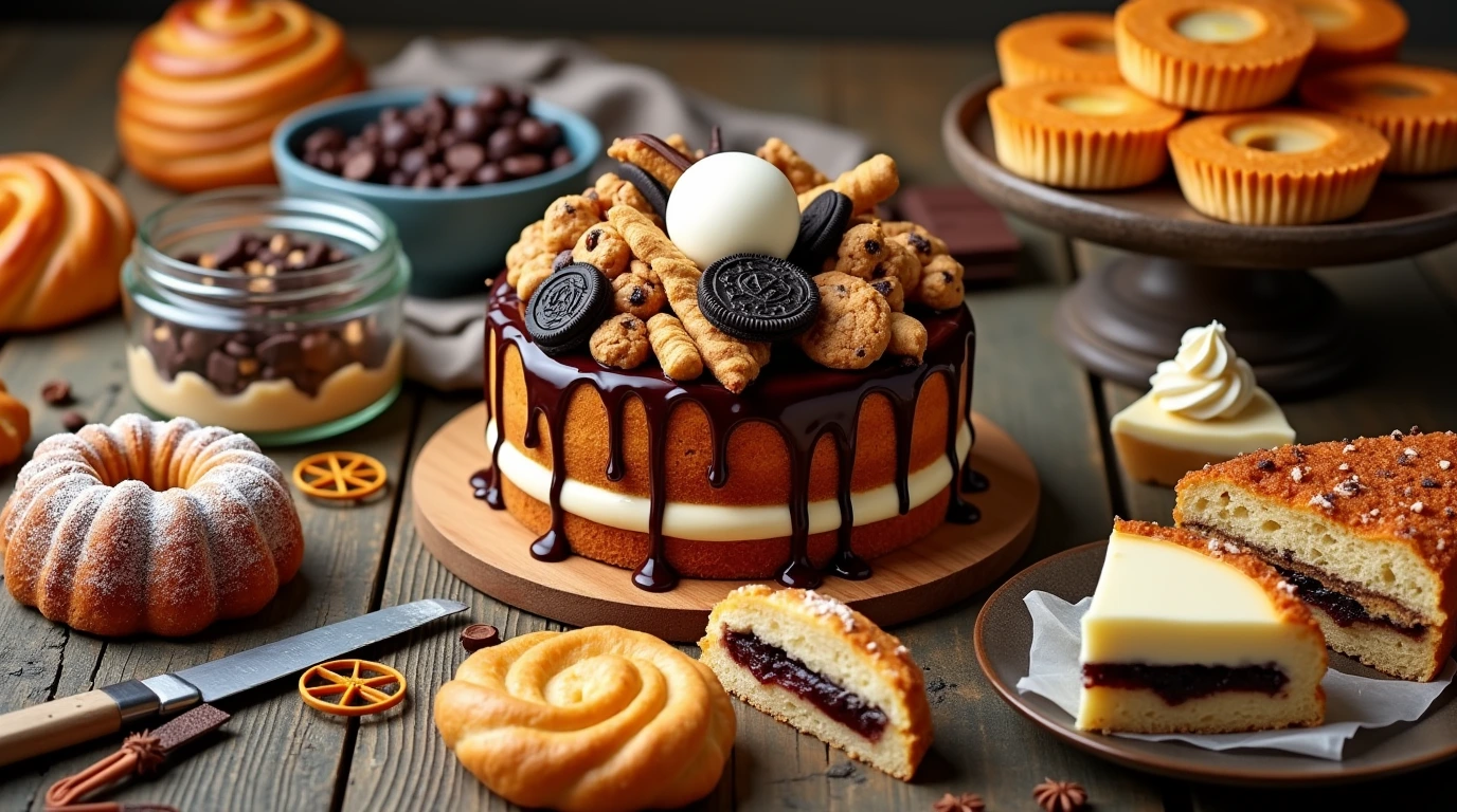 A beautifully arranged assortment of sourdough desserts, including cookies, cakes, and sticky buns, displayed on a rustic wooden table with natural lighting.