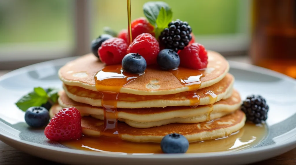 Fluffy pancakes stacked high, topped with dripping maple syrup, a pat of butter, and fresh berries. A classic and appetizing American breakfast.