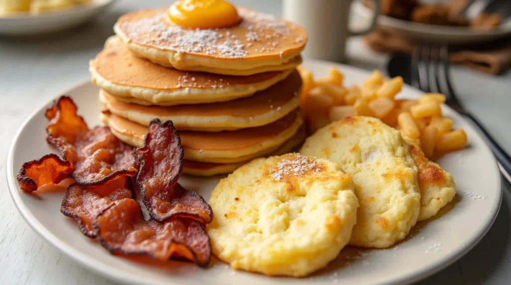 Classic American breakfast meal with pancakes, eggs, and bacon.