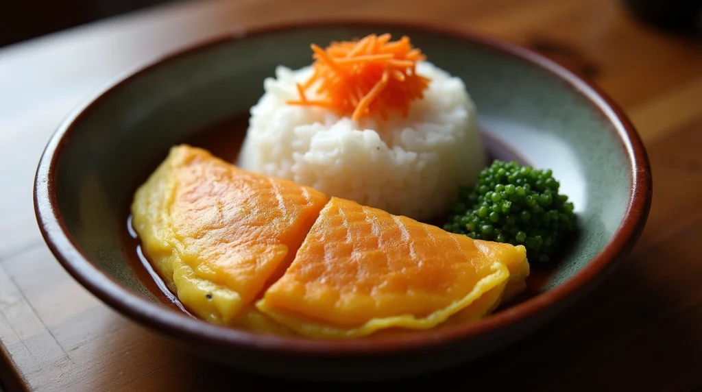 Traditional Japanese breakfast dishes with rice, miso soup, and grilled fish