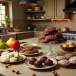 A selection of paleo desserts, including almond flour cookies and chocolate coconut macaroons, arranged on a modern kitchen counter.