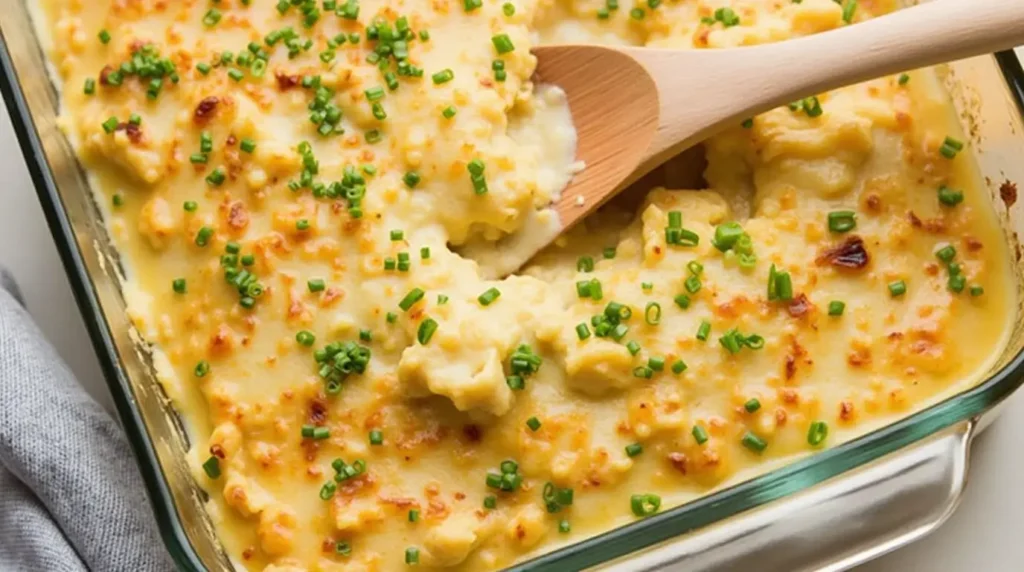 Delicious chicken casserole with golden top served on a plate