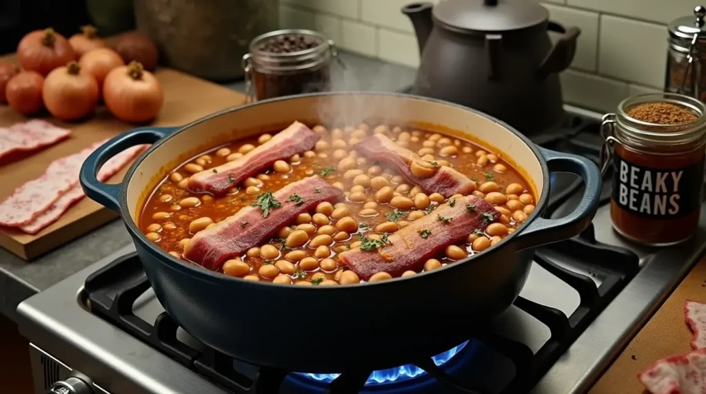 Baked Beans Recipe 3 Cooking a homemade baked beans recipe in a Dutch oven, simmering with tomato sauce and bacon.