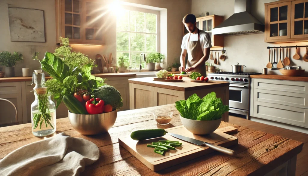 What Do I Eat in a Day on the AIP Diet? 3 Modern kitchen with fresh ingredients for healthy cooking.