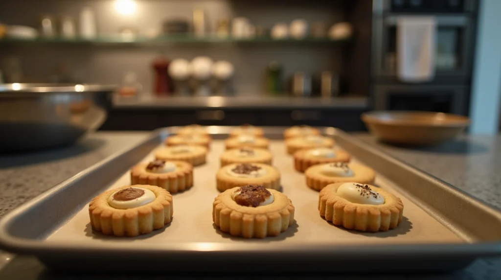 What Is A Financier Cookie Made Of? 3 Financier cookies in molds on a baking tray, ready for the oven.