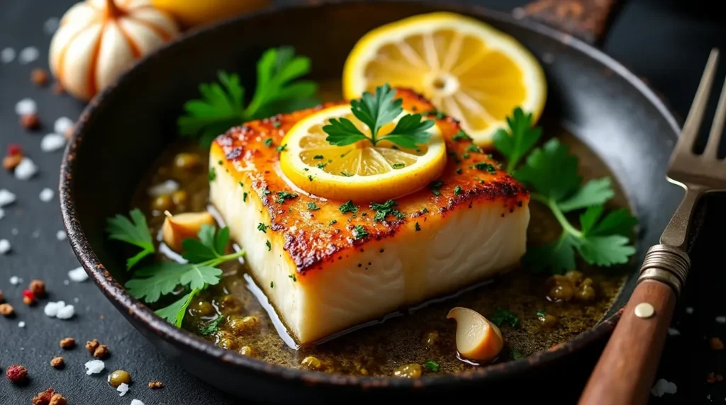The Best Method of Cooking Swordfish 2 Pan-seared swordfish with a golden-brown crust, served with garlic butter sauce and garnished with fresh herbs.