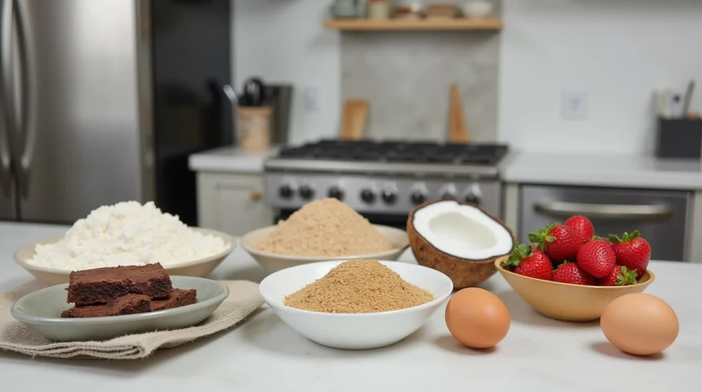 Are Paleo Desserts Healthy? 2 Ingredients for paleo dessert recipes including almond flour, coconut flour, eggs, and strawberries, arranged on a kitchen countertop.