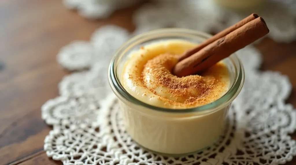 What is the dessert junket made of? 4 Close-up of creamy junket dessert with nutmeg and cinnamon.