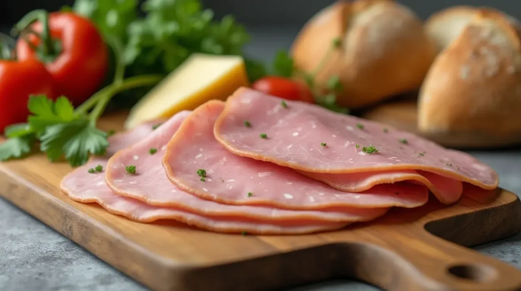 Freshly sliced deli ham on a wooden cutting board with tomatoes and herbs.