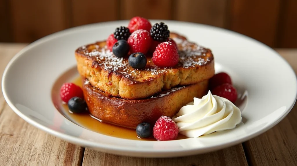Delicious Irish Soda Bread French Toast topped with fresh berries and whipped cream.