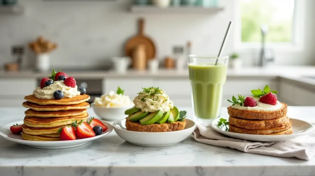 A variety of cottage cheese recipes including pancakes, avocado toast, smoothie, and parfait.